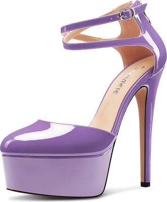 Castamere Womens Stiletto High Platform Heel Round Toe Ankle Strap Pumps Court Shoe Wedding Prom Dress Patent Leather 15 CM Heels Purple 10.5 UK