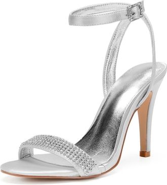Generic Wedding Bridal Shoes Womens Satin Ankle Strap Bridal Open Toe Prom Party Dress Stiletto Sandals 10.5,Silver,10 UK
