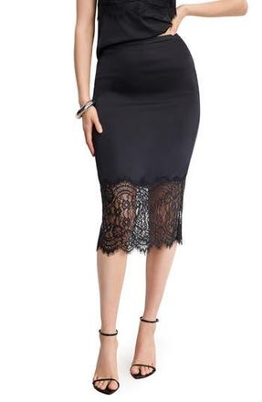 Good American Lace Trim Satin Midi Skirt in Black001 at Nordstrom Rack, Size Medium