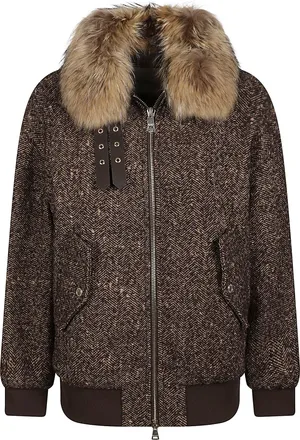 Ermanno Scervino Textured Brown Jacket with Plush Fur Collar and Zip Closure