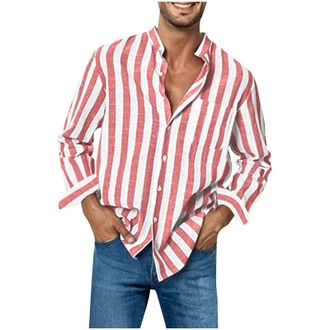 Generic RLEHJN Grandad Shirts for Men Striped Henley Shirts Casual Cotton Shirt Regular Fit Button Down Work Shirt Stand Collar Long Sleeve Tops with Pocket M