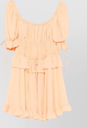 Chlo&eacute; silk tiered square neck short puff sleeve mini dress