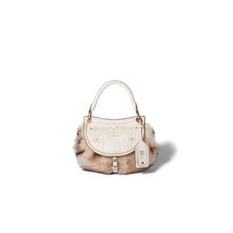 Miu Miu Rendez-vous Shearling And Nappa Leather Bag With Metal Studs, Woman, Ivory/talc