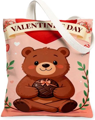 Generic ValentineS Day Bear Canvas Tote Bags, Adorable Floral Pattern Reusable Bags, Lightweight Washable Shoulder Strap Canvas Fo, Peach, 13x15 Inch