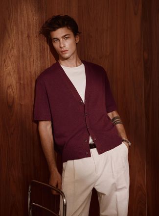 Le 31 Mens Linen knit short-sleeve Cardigan Sweater