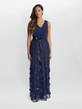 Gina Bacconi Womens Olyssia Long Sleeveless Dress With Surplice Neckline, 3D Floral Skirt. - Navy - Size 12 UK
