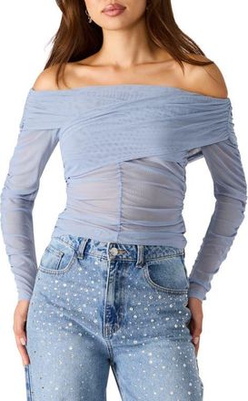 Steve Madden Viktoria Off-the-Shoulder Mesh Top in Stone Blue at Nordstrom, Size X-Small