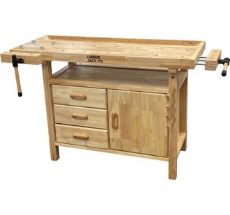 Lumberjack Woodworking Bench with 3 Drawers On-board Cabinet & 2 Vices in Nude