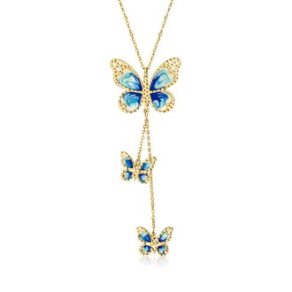 Ross-Simons Italian Blue and Cream Enamel Butterfly Necklace in 10kt Yellow Gold