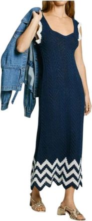 Pepe Jeans London Geometrische Gebreide Jurk in Marineblauw en Wit - Dames - Casual kleedjes - Blauw - S - Kleedjes