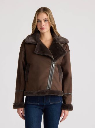 NVLT Womens Short Faux Suede Bonded to Faux Fur Shearling Biker Jacket