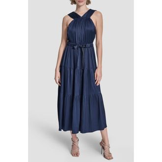 DKNY Pleated Tie Waist Satin Midi Dress in Hudson Blue at Nordstrom, Size Xx-Small