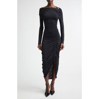 Ferragamo Ruched Long Sleeve Jersey Evening Dress in Nero at Nordstrom, Size 10 Us