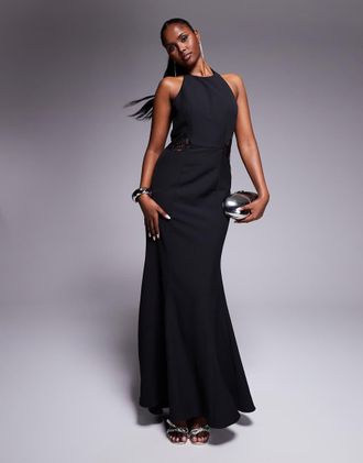 Jarlo high neck fishtail maxi dress with lace panels in black