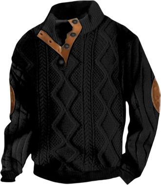 Generic Mens Sweatshirts Knitted Jacquard Sweater Long Sleeve Pullover Casual Knitwear Button Stand Collar Tops Solid Classic Lightweight Pullover Easy Care S