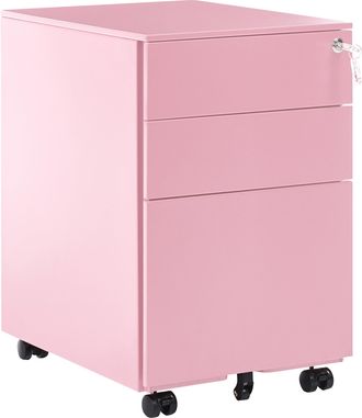 Beliani Armario De Metal Rosa 3 Cajones Ruedas Cerradura Industrial Oficina Cami