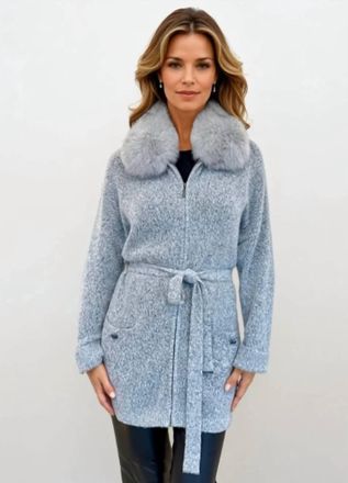 Max & Moi Long Zip Cardigan With Fox Fur Collar In Lt. Grey