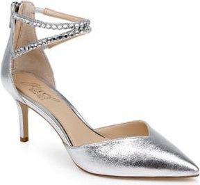 Badgley Mischka Emmi Ankle Strap Pointed Toe Pump in Silver Textile at Nordstrom Rack, Size 8.5