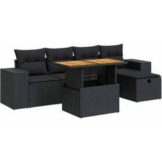 vidaXL Set Sof&aacute;s Jard&iacute;n Y Cojines 6 Pzas Rat&aacute;n Sint&eacute;tico Acacia Negro