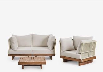 Sklum Conjunto De Jard&iacute;n Con Sof&aacute; Modular De 2 Piezas Con 2 Sillones Esquineros, Mesa De Centro Y Sill&oacute;n En Madera De Acacia Dailin Sklum