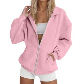 Generic Fleece Jacket Women Zip Front Sweatshirt Without Hood Plain Collared Tops Autumn Winter Coat Light Weight Outwear Casual Modern Cover Up for Gym Sport