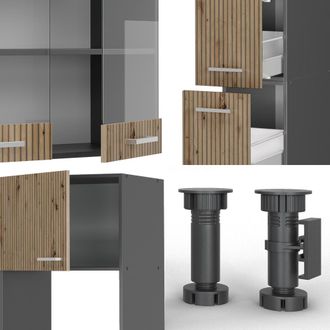 Vicco Mueble De Cocina R-line, Roble Artesanal/roble Dorado, 350 Cm Con Armario Alto, Sin Encimera
