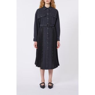 Max Mara Citrato Long Sleeve Mixed Media Denim Shirtdress in Black at Nordstrom, Size 14