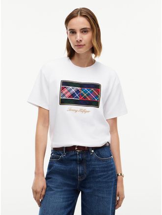 Tommy Hilfiger Womens Mixed-Plaid Flag Logo Interlock T-Shirt - Ecru - XL