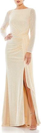 Mac Duggal Sequined Ruched Long Sleeve Boat Neck Gown in Pearl at Nordstrom, Size 10