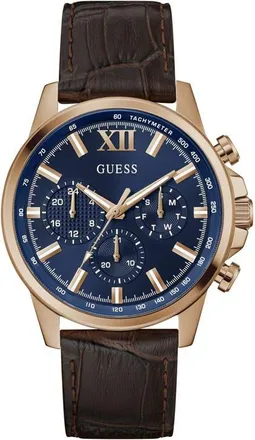 Guess Walker Blue Dial Multifunction Leather Strap Watch, 44mm in Brown at Nordstrom