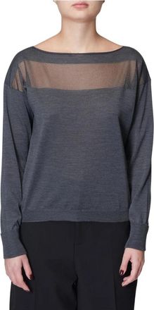 Roberto Collina Zwarte wollen boothals trui met transparante voorkantinzet - Dames - Longsleeves - Blauw - S - Wol - Tops