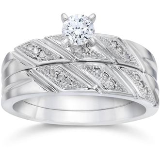 Pompeii3 1/5ct Diamond Engagement Ring Matching Wedding Band Set 10K White Gold Size Selectable