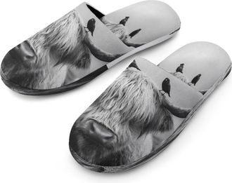 Generic Highland Cow with Birds Mens Cozy Memory Foam Slippers Warm Cotton House Shoes Comfy Slipper for Indoor Outdoor