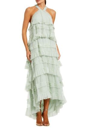 Mac Duggal Dot Mesh Ruffle Halter Neck Ankle Dress in Seamist at Nordstrom, Size X-Small
