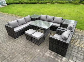 Fimous Wicker Rattan Outdoor Furniture Lounge Sofa Garden Dining Set with Dining Table 2 Side Tables 2 Armchairs in Dark Grey