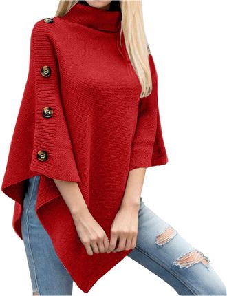 Generic 2025 Sweater Women Solid Color Turtleneck Knitted Cape Sweater Poncho Cardigan Coat (Red, One Size)