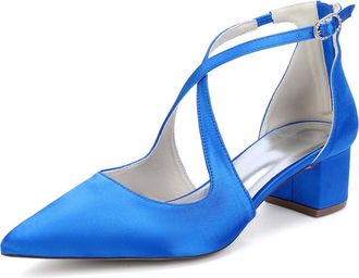 Generic Wedding Bridal Dress Shoes Womens Pointed Toe Ankle Strap Block Heel Pumps Patent Leather Low Heels 4.5Cm,Royal Blue,10 UK