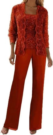 Generic 3 Pieces Lace Chiffon Mother of The Bride Pant Suits with Jackets Sequins Wedding Guest Dresses for Women (Red,L)