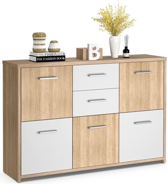 Costway Armario Cajonera Con 2 Cajones Y 5 Puertas, Empu&ntilde;aduras C&oacute;modas Y Pies Antideslizantes, Mueble Almacenaje Madera, Organizador De Madera Para Sal&oacute;n Ent