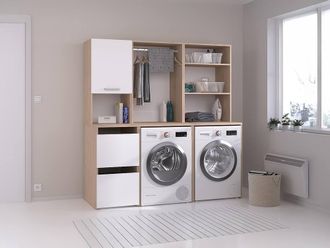 Vente-Unique Furniture for 2 Washing Machines With Shelves, Wardrobe, & Cabinets in Light Oak