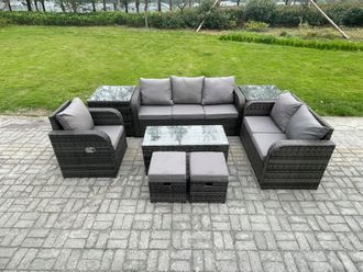 Fimous High Back Rattan Garden Furniture Set w/ Loveseat Sofa Rectangular Coffee Table 2 Side Tables 2 Small Footstools Outdoor Patio Lounge Sofa Set