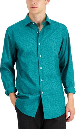 Bar III Mens Green Slim Fit Floral Stretch Dress Shirt