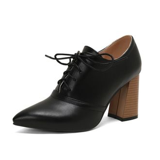 Generic Women Pointed Toe Oxfords Lace Up Chunky Ribbed Block Heel Contrast Laces Stitched Panel Narrow Toe Cap Non Slip Durable Comfortable Daily Shoes,Black