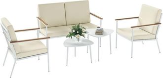 OUTSUNNY Conjunto de jardín exterior 5 piezas con sofá de 2 plazas sillones y mesas de centro con tablero de vidrio templado cojines lavables beige - Outsunny