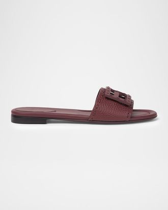Fendi Baguette FF Leather Buckle Flat Slide Sandals