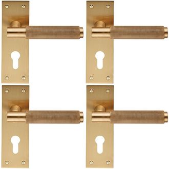 Loops 4x PAIR Knurled Round Handle on Slim Euro Lock Backplate 150 x 50mm Satin Brass in Metallics