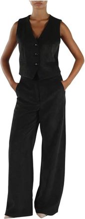 Marella Mouwloze Gilet & Wijde Pijpen Broek Set - Dames - Jumpsuits & Playsuits - Zwart - Maat: M Tweed