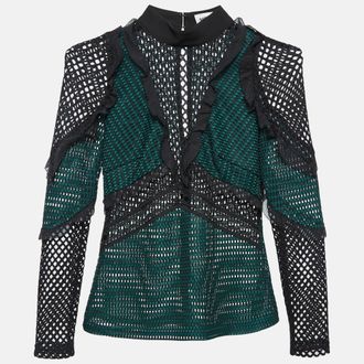 Self Portrait Green Mesh Ruffle Detail Top