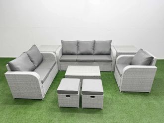 Fimous Patio PE Wicker 8 Seater Outdoor Rattan Furniture Sofa Sets w/ Rectangular Coffee Table Reclining Chair Loveseat Sofa 3 Seater Sofa Stool 2