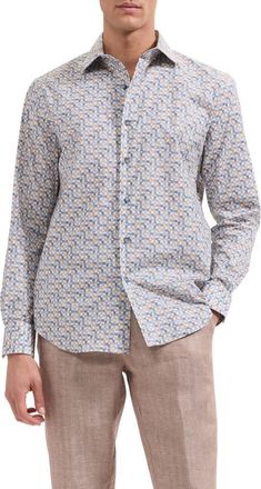 Bugatchi Axel Shaped Fit Geo Floral Stretch Cotton Button-Up Shirt in Walnut at Nordstrom, Size Xxx-Large